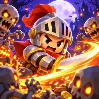 Bonestorm Survivors app icon: a shouting knight swings a flaming sword at skeletons.