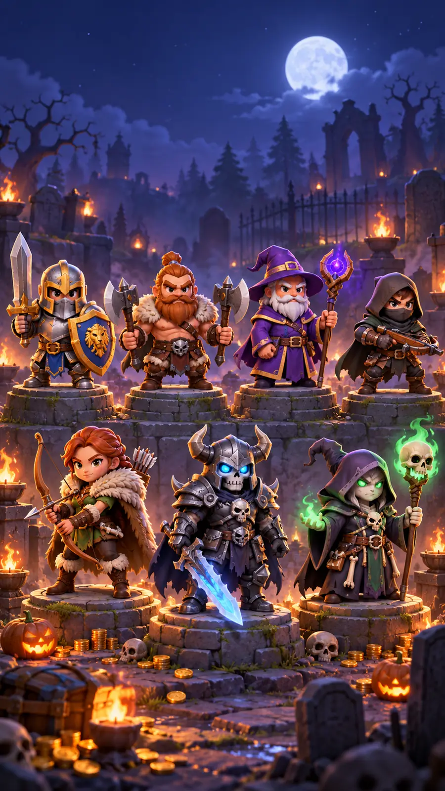 Illustration: a line-up of heroes on stone pedestals in a graveyard at night.