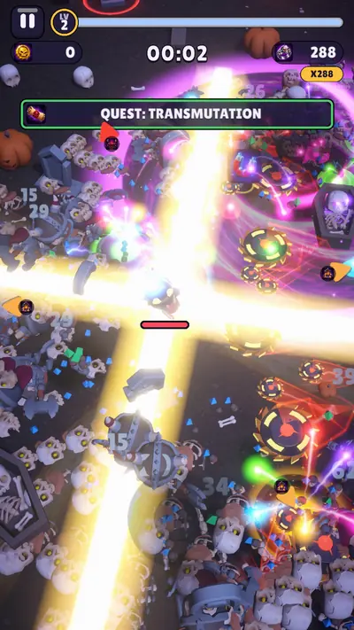 Gameplay: four evolved weapons firing at once, beams and rings of light cutting through hundreds of skeletons.