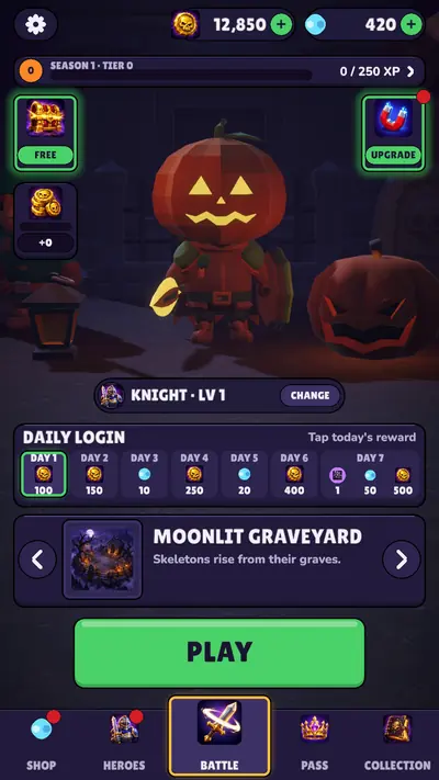 In-game home screen: the Knight wearing the Pumpkin Knight skin.