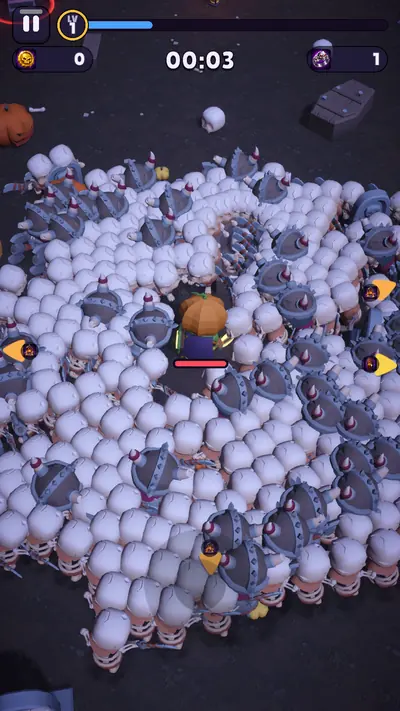 Bonestorm Survivors gameplay: the hero ringed by hundreds of skeletons in the Moonlit Graveyard.