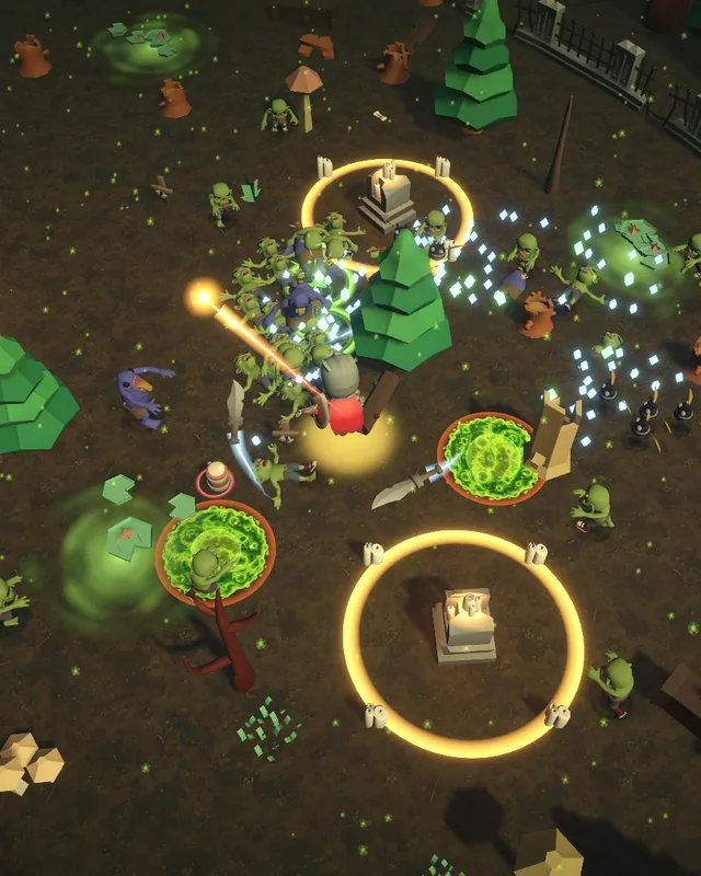 Plague Bog gameplay: the hero among zombies, toxic green pools, mushrooms and marsh trees.