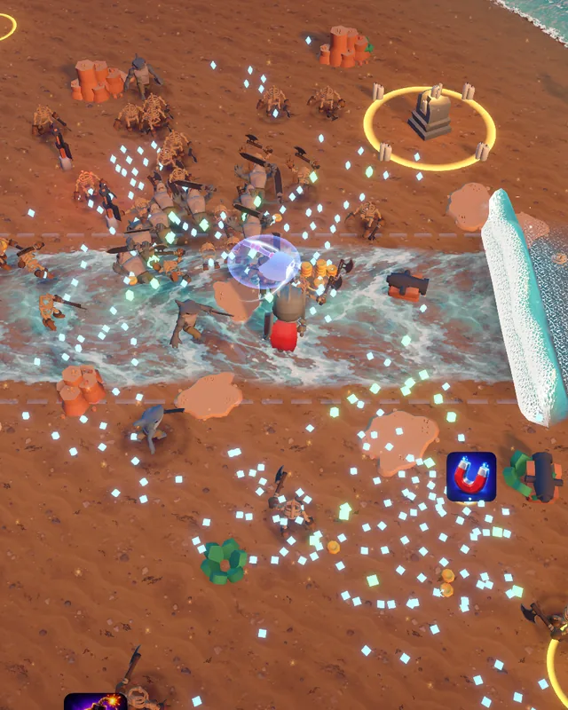 Drowned Cove gameplay: a tidal wave hazard rolls up the beach through the horde, palms and surf at the shore.