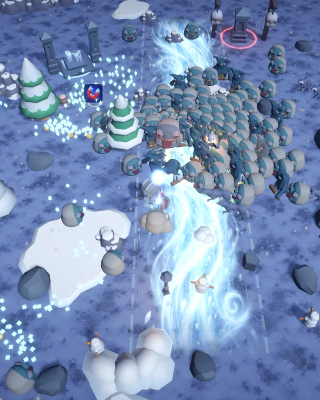 Frozen Hollow gameplay: a blizzard hazard sweeps through the horde across snowfields, ice rocks and snowy pines.