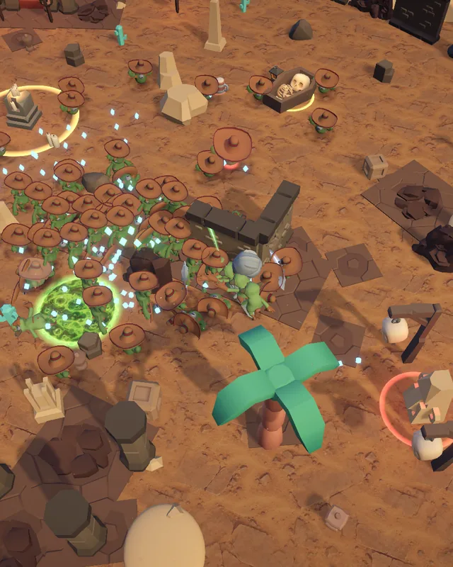 Sunscorched Ruins gameplay: the hero fights the horde in the desert temple among cacti, rocks and ruined walls.